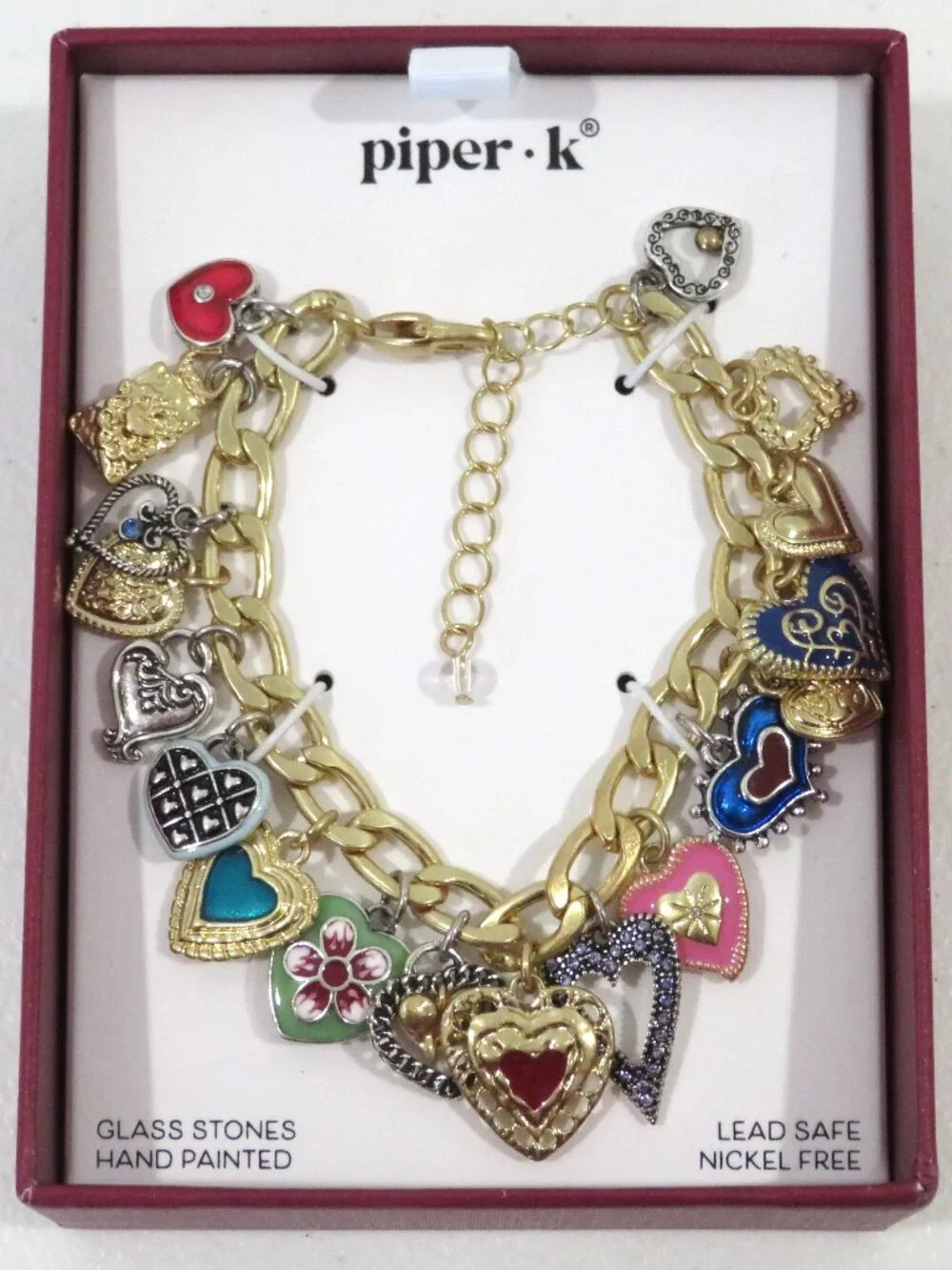 Piper K Heart Charm Bracelet Glass Stones Hand Painted Gold Tone NIB